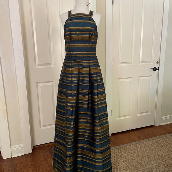 Kay Unger Dresses & Skirts - Kay Unger Navy and Gold Striped Halter Wedding Guest Gown